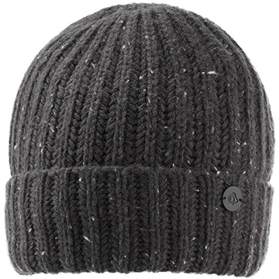 Dark gray knit beanie with a brand logo on a white background